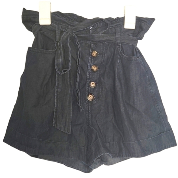 Express high rise buttonfly paper bag waist chambray blue denim S/P tie waist - Picture 1 of 12